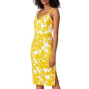 Trina Turk Zile Ponte Knit Floral Ruffle Detail Sheath Dress Yellow Orange 8